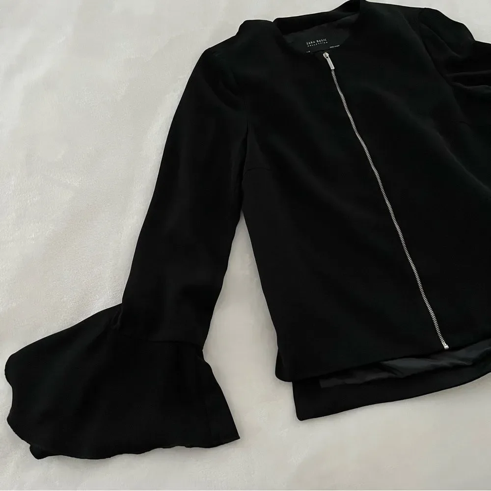 Zara Black Crepe Full Zip Ruffle Bell Sleeve Jacket, Size S NWOT